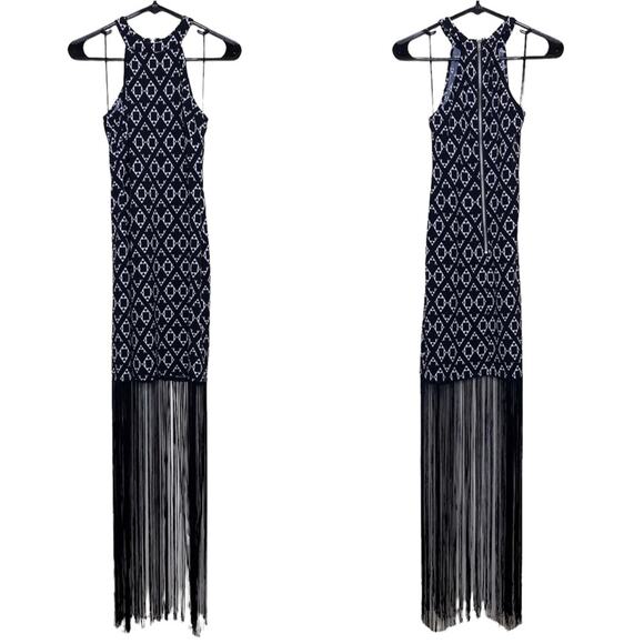 Y2K H&M Coachella Maxi Dress Fringe Geometric Print Black White Womens Size XS - Picture 2 of 6